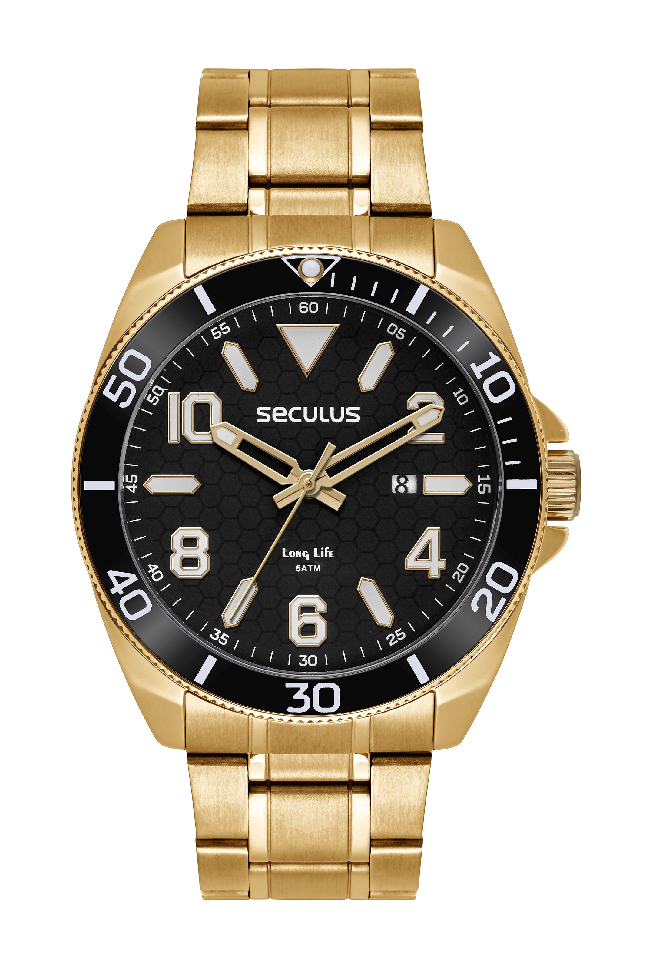 RELÓGIO MASCULINO AÇO VISOR PRETO E CALENDÁRIO DOURADO SECULUS – 77242GPSVDA2