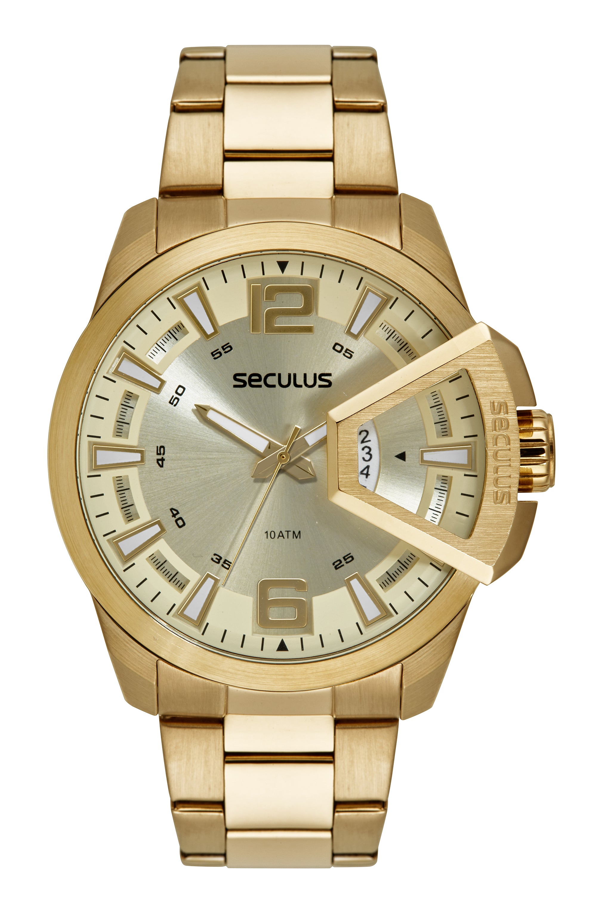 RELÓGIO MASCULINO AÇO COM PROTETOR DE COROA DOURADO SECULUS – 44243GPSVDA2