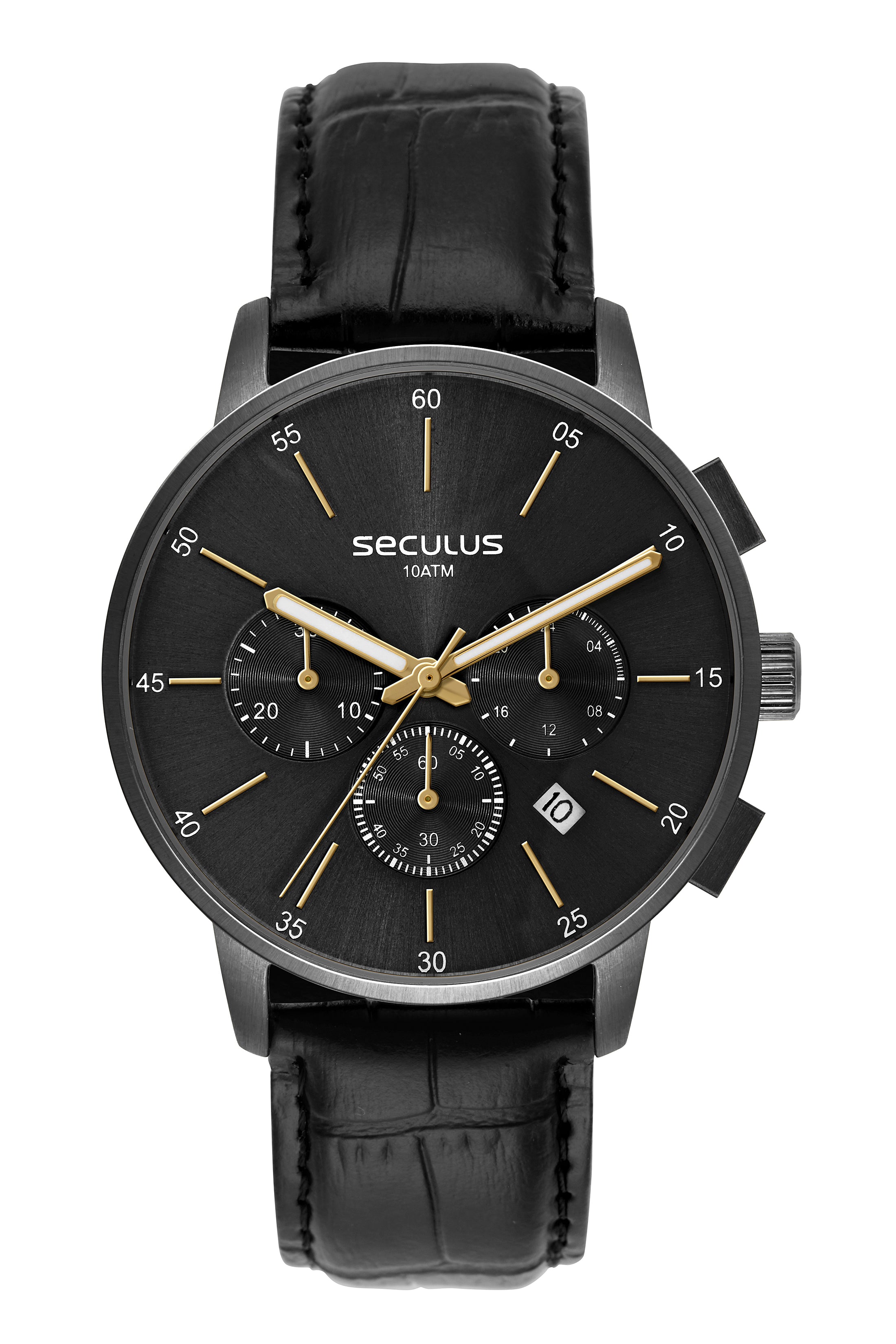 RELÓGIO MASCULINO CRONÓGRAFO VIDRO ABAULADO COURO PRETO SECULUS – 44258GPSVPC3